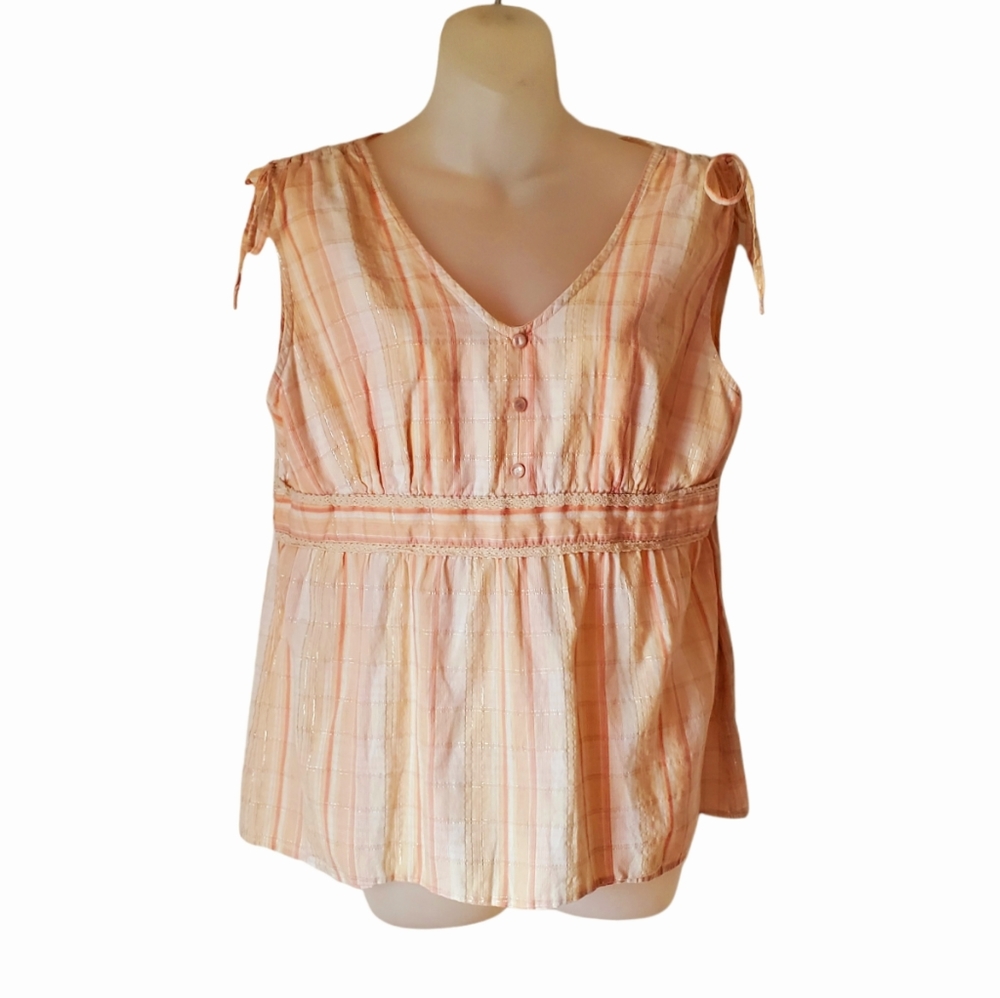 Art & Soul Cotton Sleevless Pink Peach & White Cute Smock Top Large